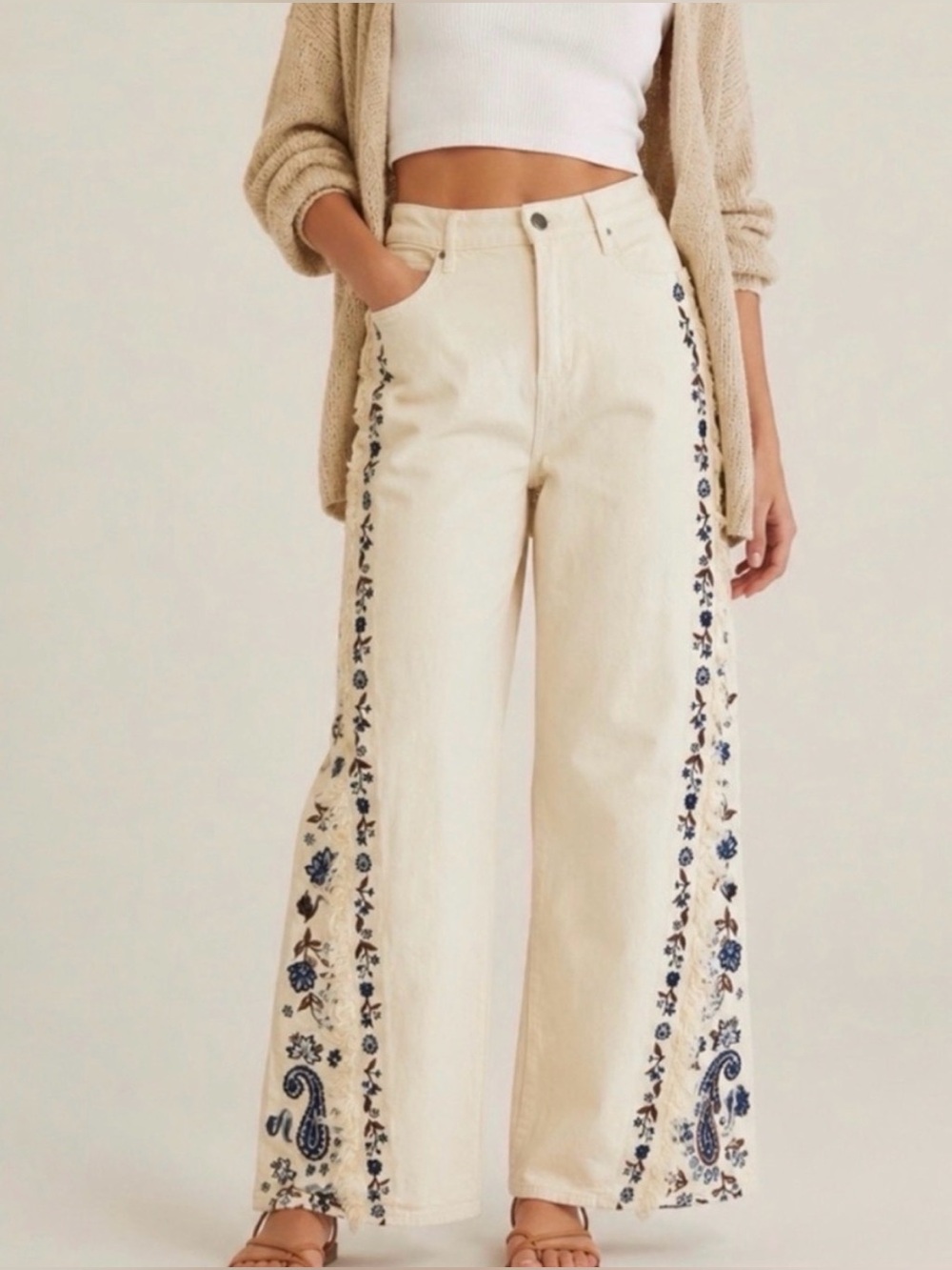 DRIFTWOOD Western Frankie Hi-Rise Wide-Leg Embroidered Fringe Jeans, 32x32, NWT